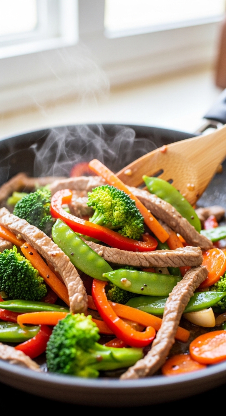 Steak and Vegetables Tossed Together in Home Kitchen Pan