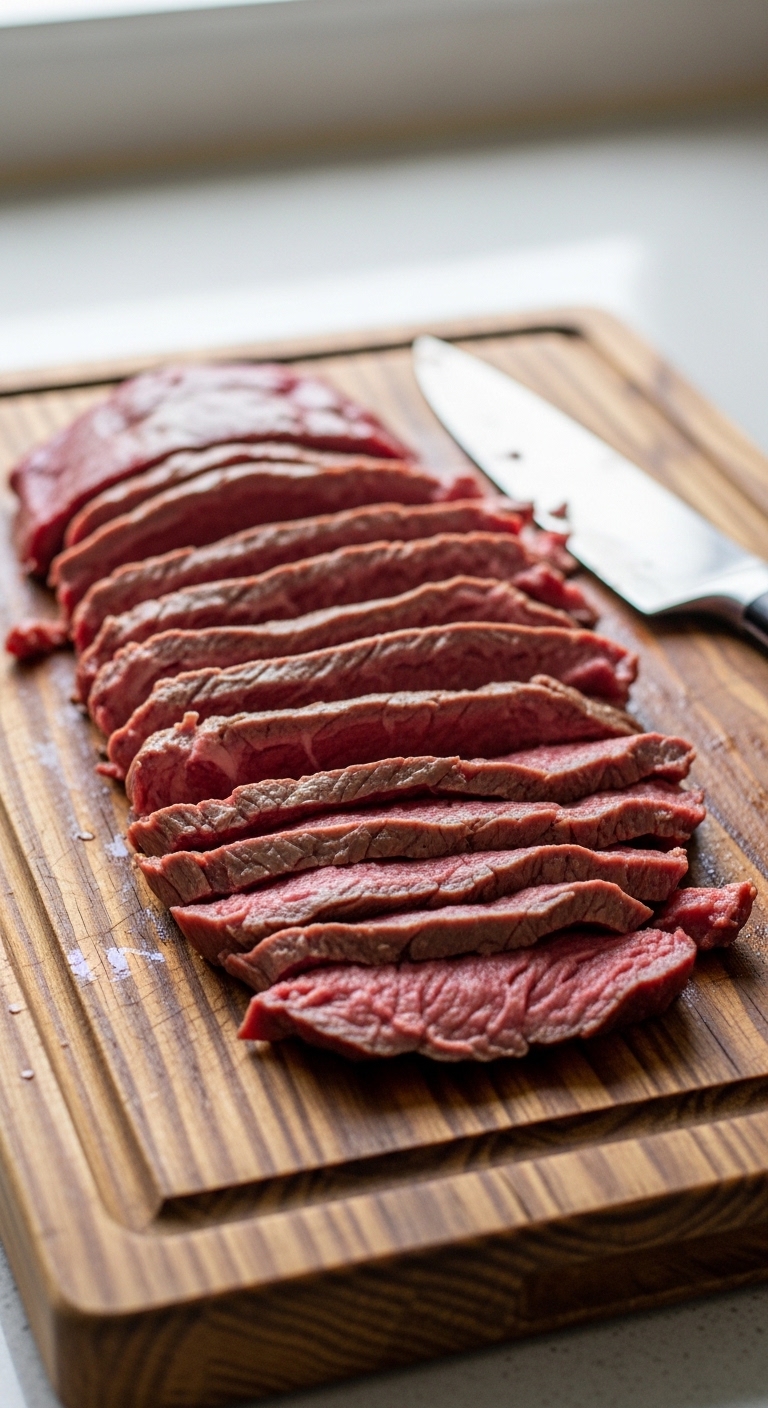 Thinly Sliced Flank Steak on Wooden Cutting Board