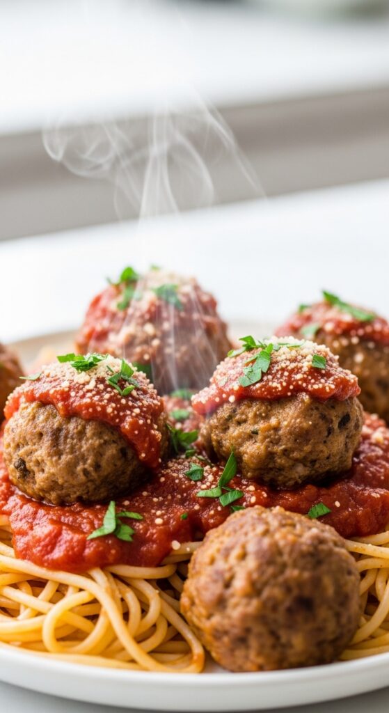 Turkey Meatballs Over Homemade Pasta
