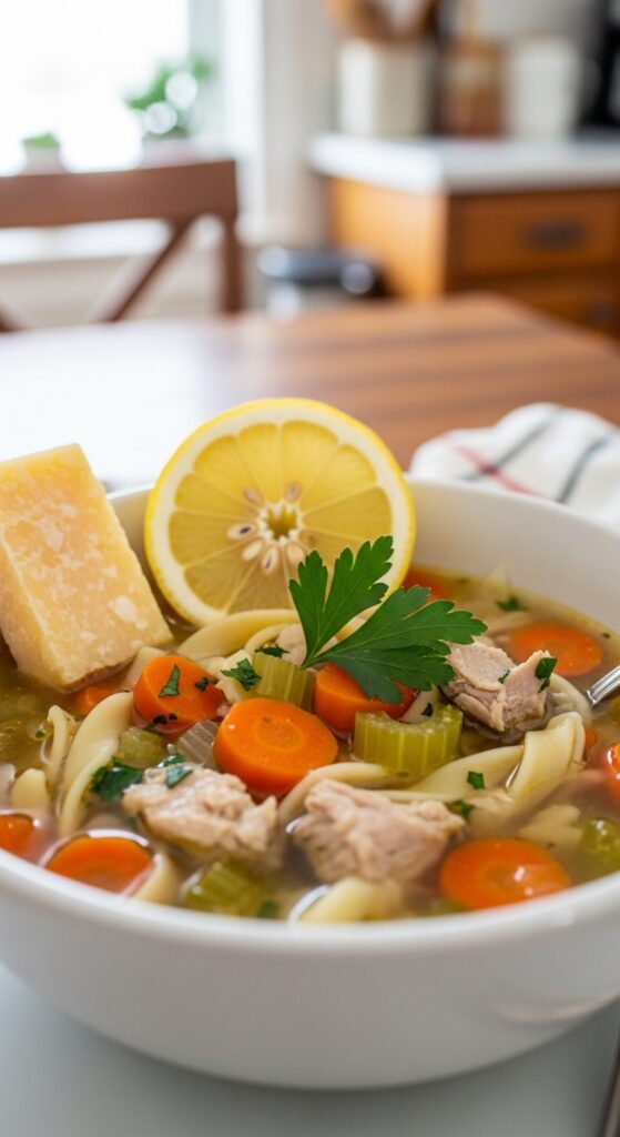 a bowl of turkey soup topped 