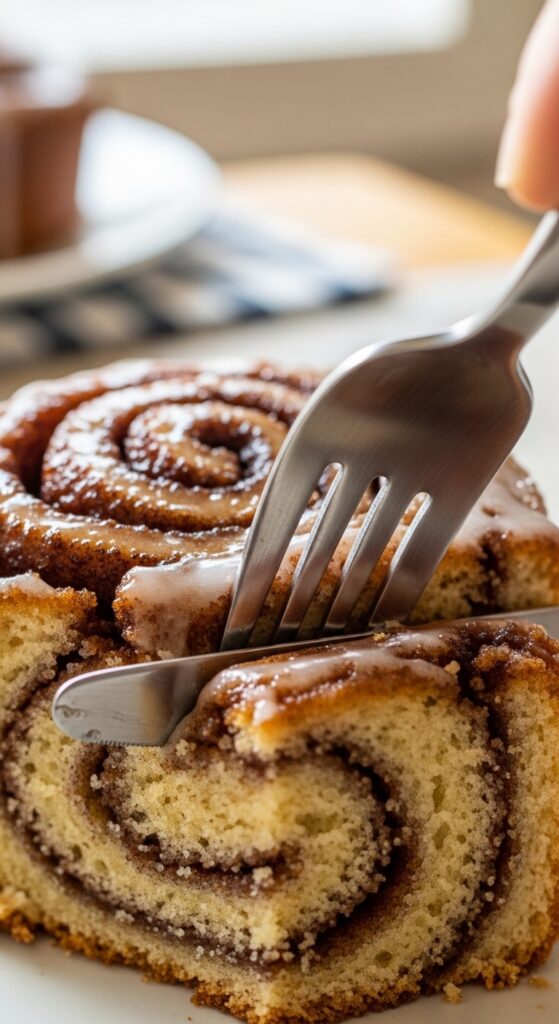 a fork cutting into a slice of cinnamon-roll coffee cake