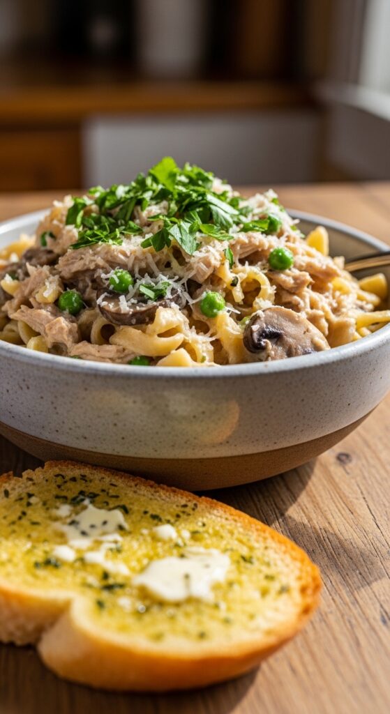a portion of turkey tetrazzini served in a rustic ceramic bowl