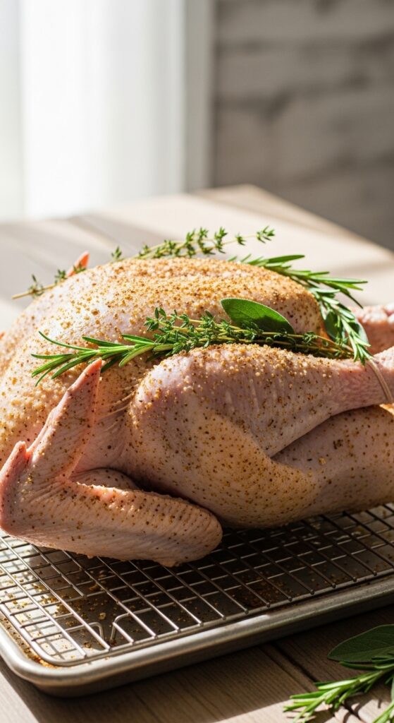  a raw turkey on a wire rack