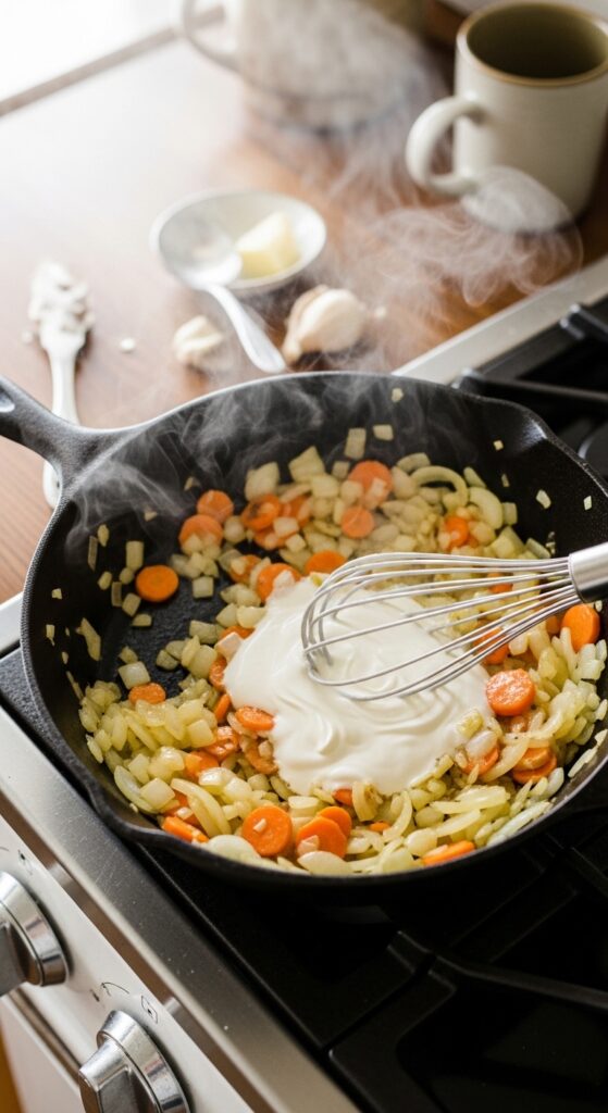 a skillet with sautéing onions