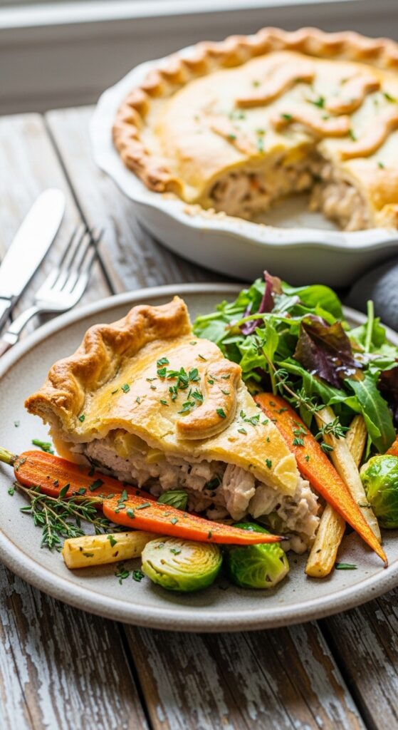 a slice of turkey pot pie plated