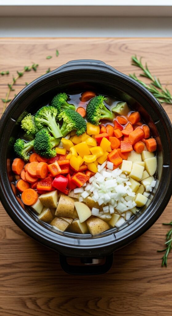 all chopped vegetables, potatoes, and broth layered in a crockpot
