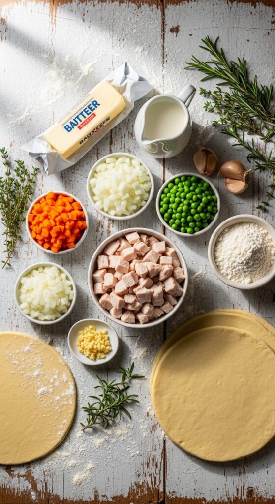 all ingredients for turkey pot pie 