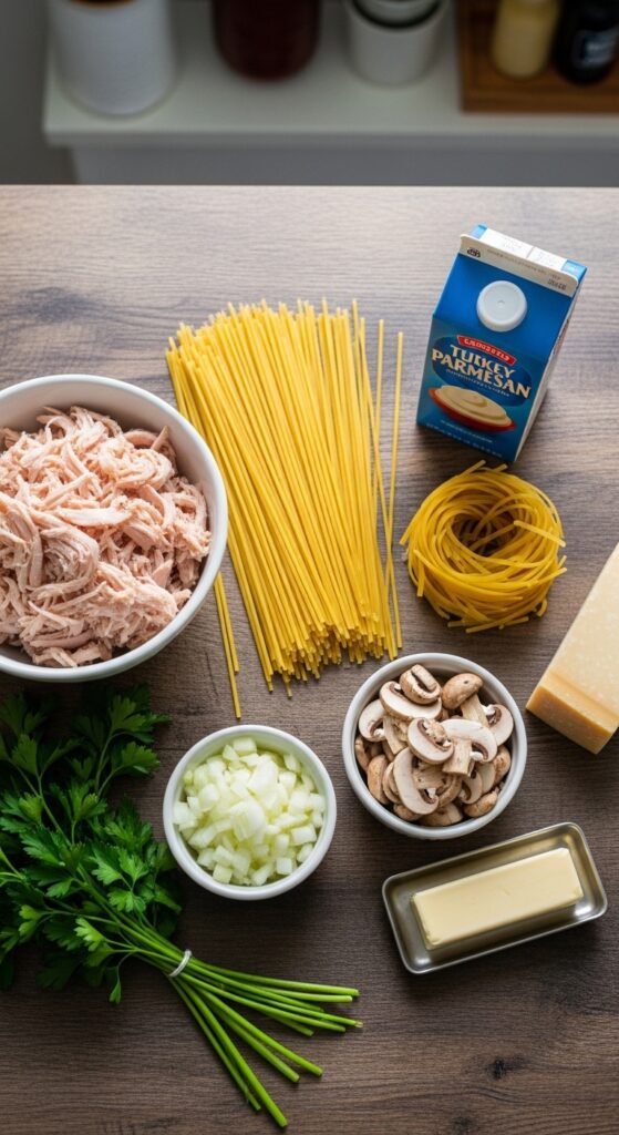 all ingredients for turkey tetrazzini neatly arranged