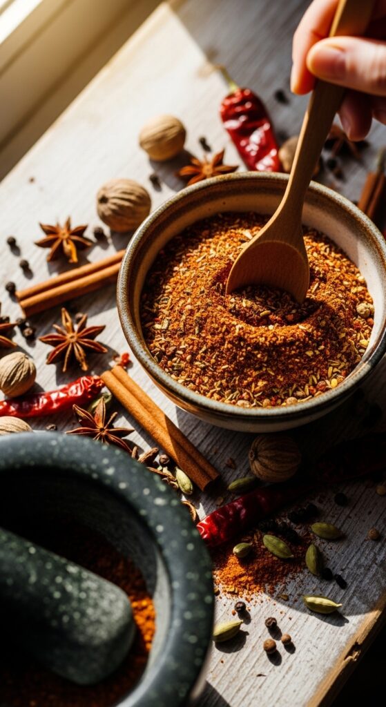 all spices being mixed using a wooden spoon