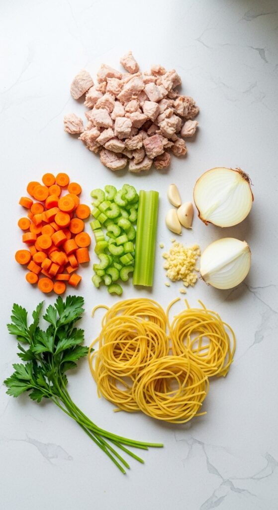 all turkey noodle soup ingredients laid out on a kitchen counter