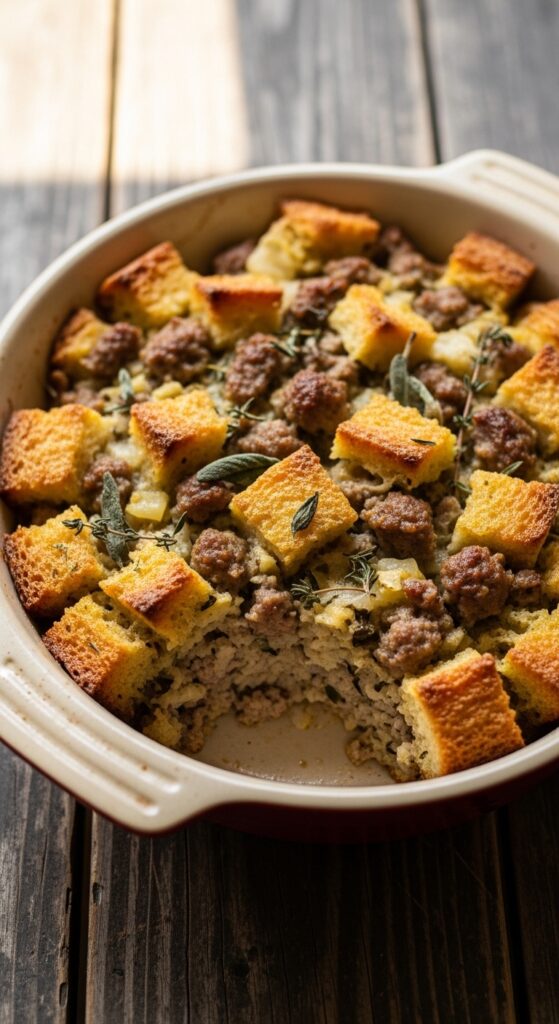 baked sausage stuffing in a ceramic dish
