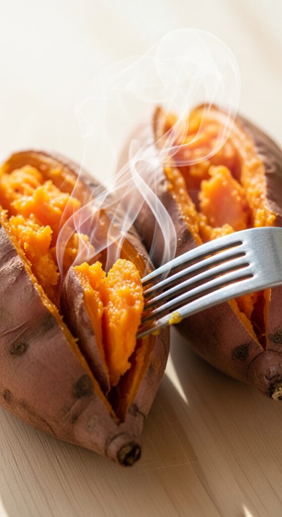 baked sweet potatoes sliced lengthwise