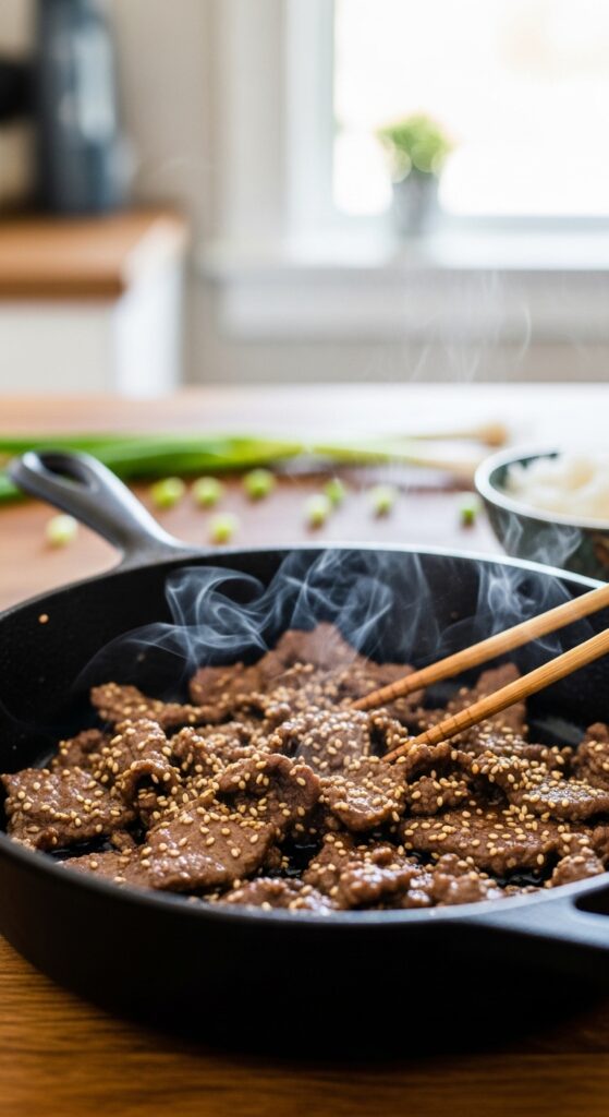 bulgogi beef cooking in a skillet