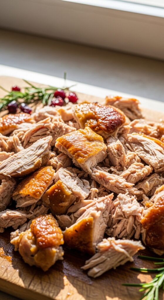 chopped leftover roasted turkey on a wooden cutting board