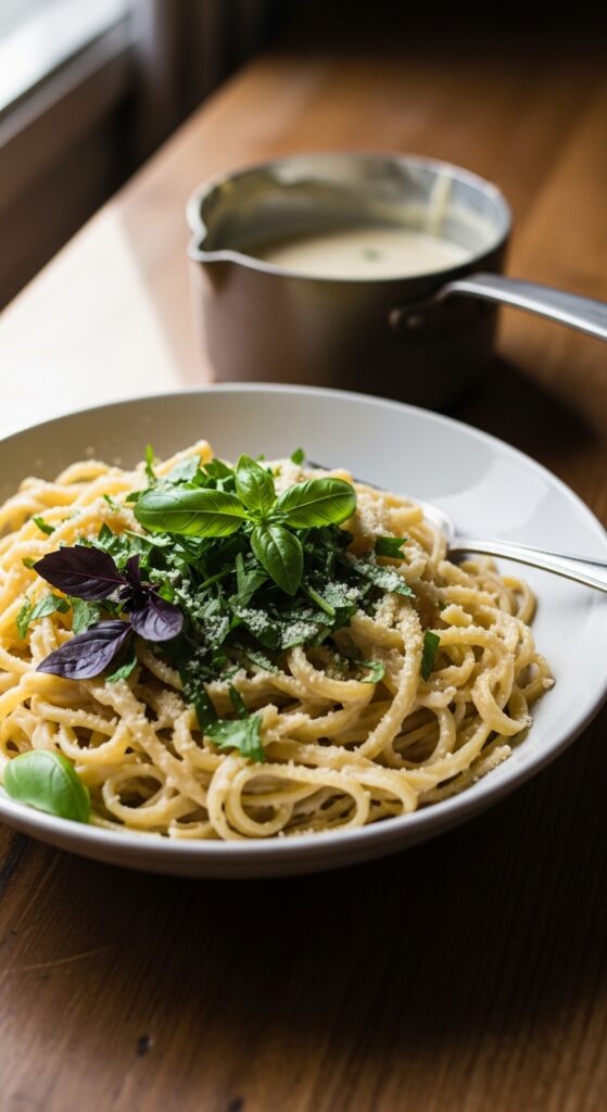 cooked pasta coated in cream sauce
