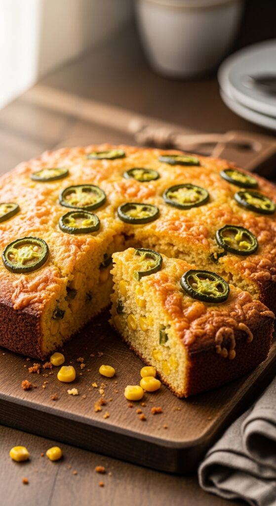 cornbread baked with cheddar cheese chunks, corn kernels, and jalapeños
