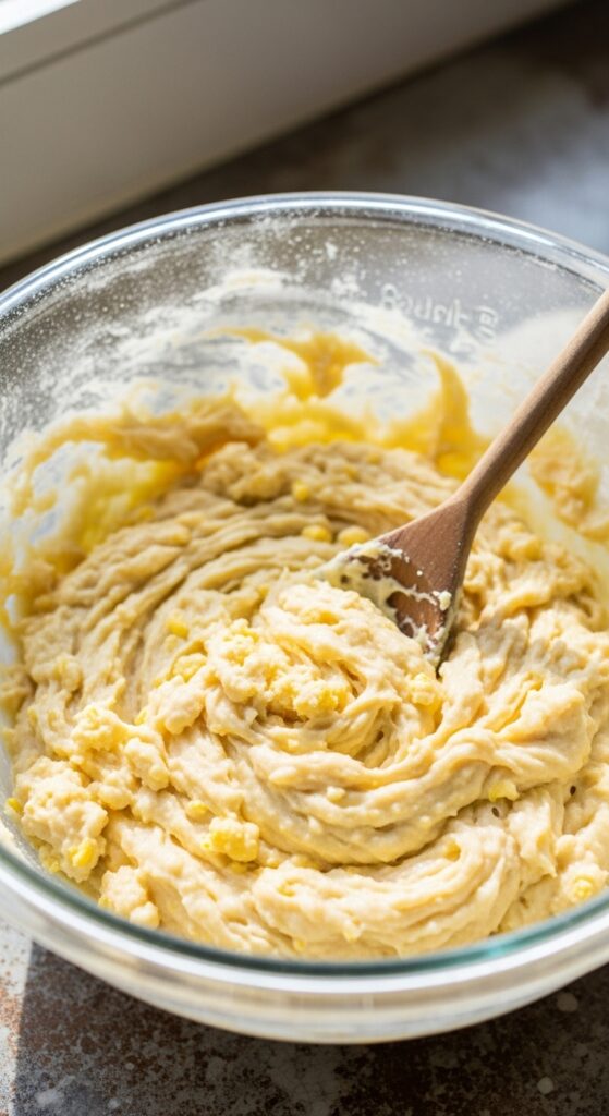 cornbread batter in a glass bowl with a wooden spoon