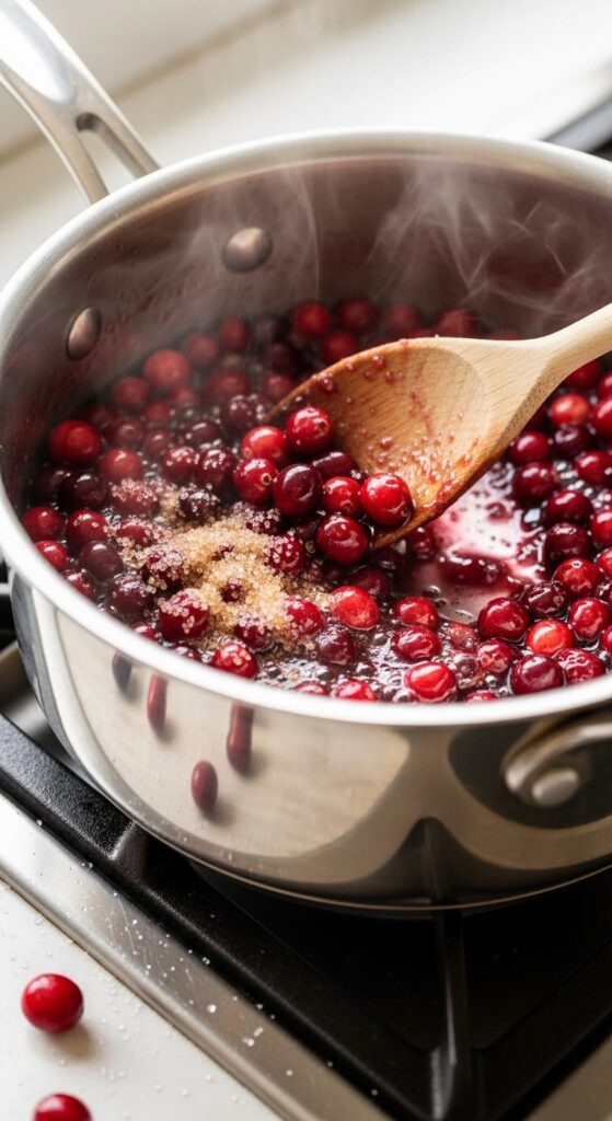 cranberries in a saucepan being stirred