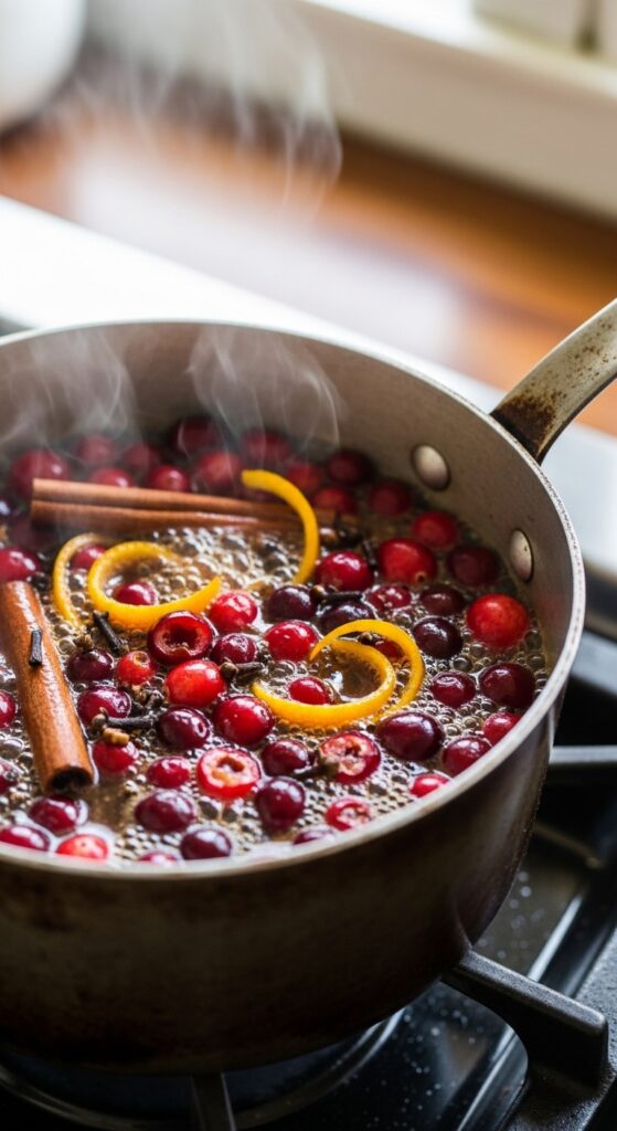 cranberries simmering in a saucepan with orange zest, cinnamon sticks, and cloves