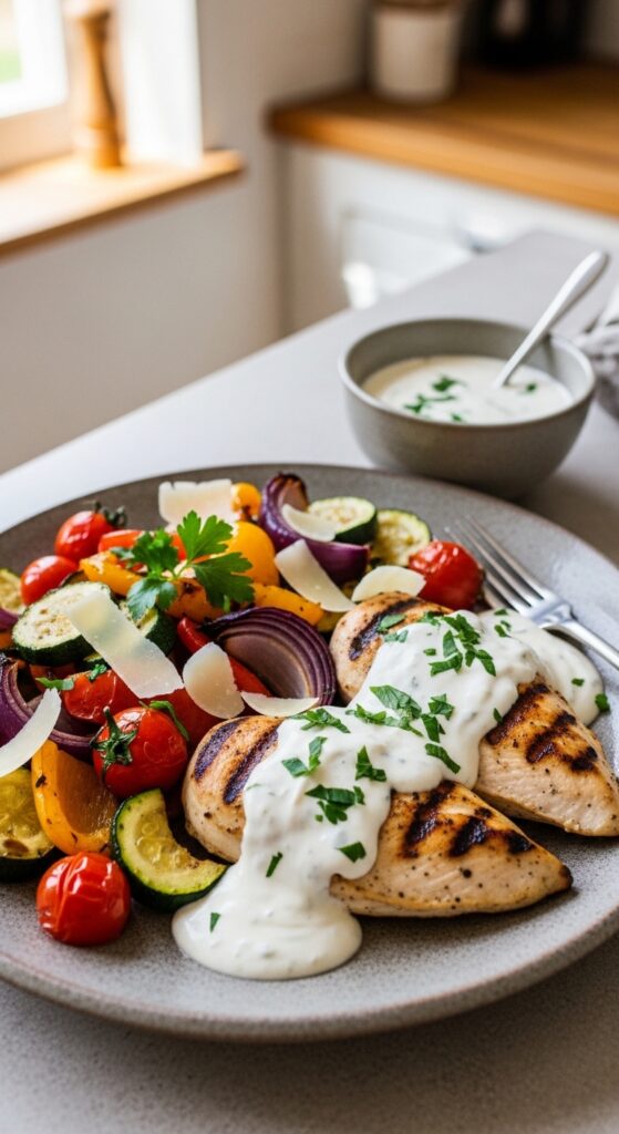 cream sauce drizzled over roasted vegetables