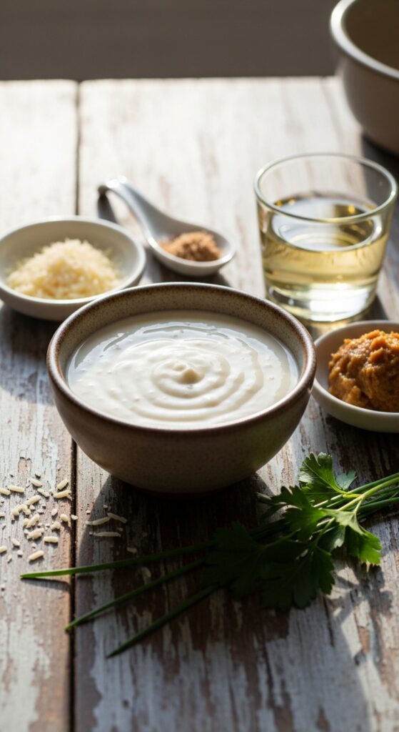 cream sauce in a small bowl surrounded