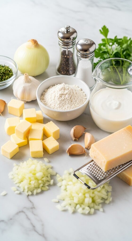 cream sauce ingredients casually arranged on a marble countertop