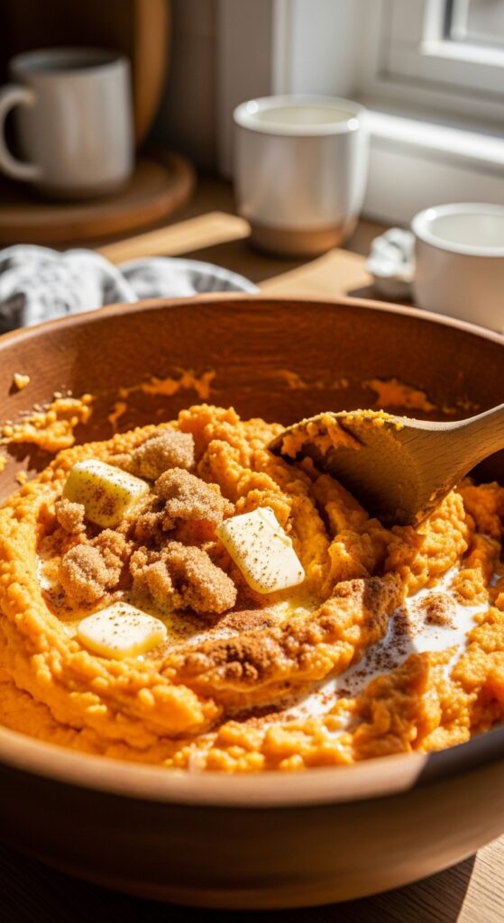 creamy mashed sweet potatoes being mixed in a bowl