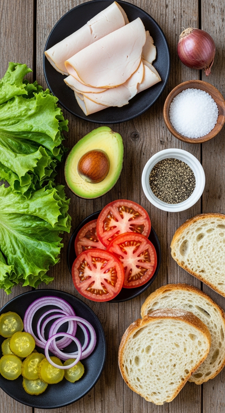 fresh ingredients laid out casually on a rustic wooden table