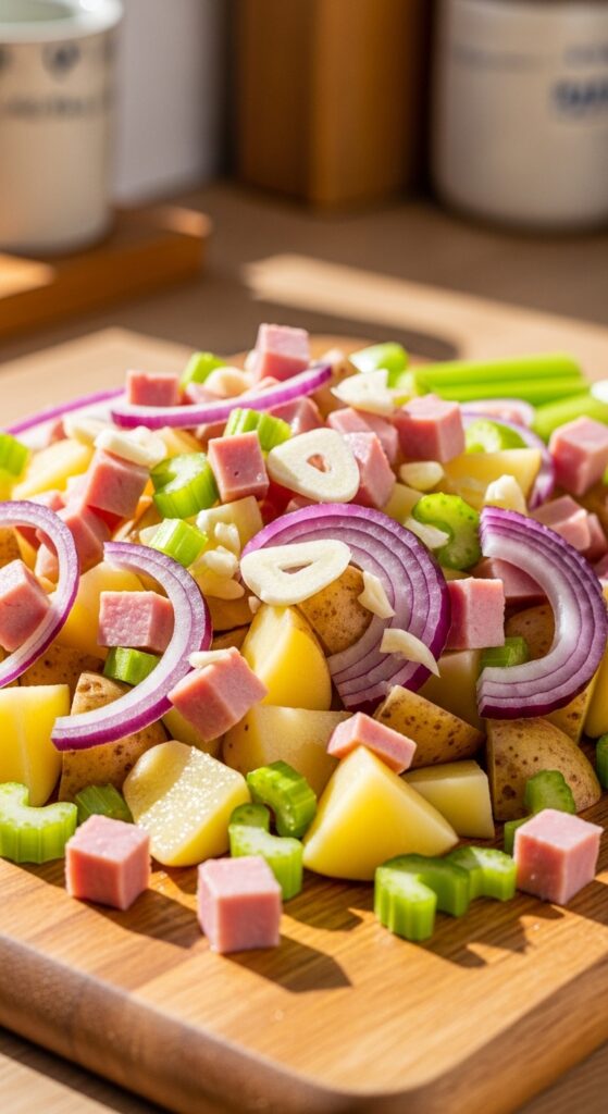 fresh potatoes, diced ham, onions, celery, and garlic