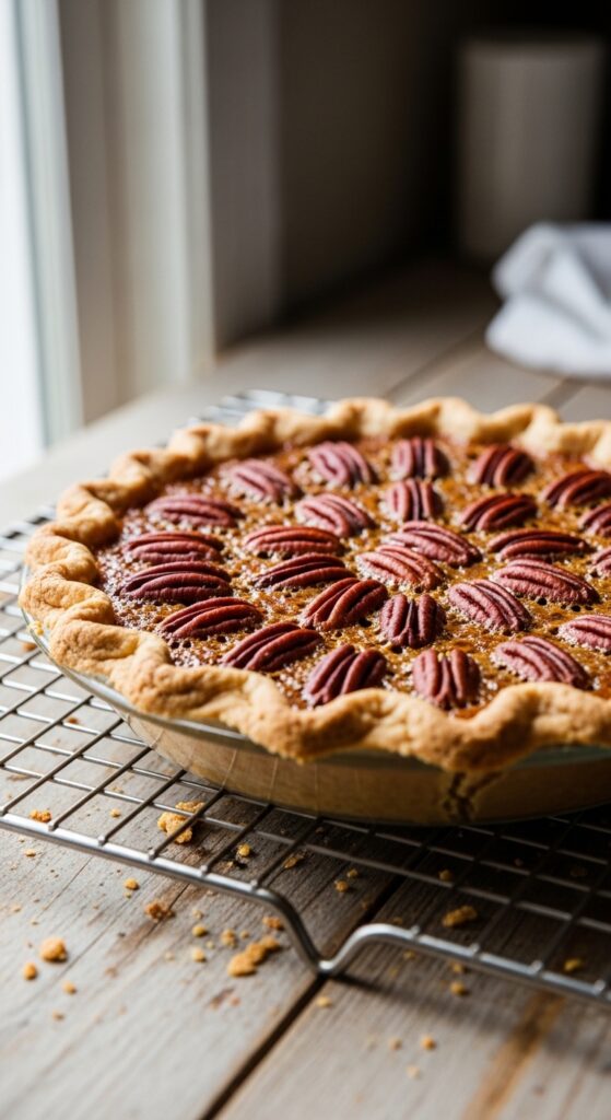 freshly baked pecan pie cooling on a wire rack