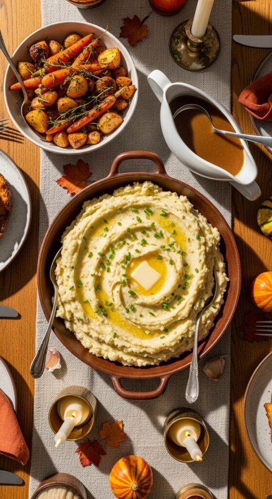 garlic mashed potatoes in a rustic serving dish 