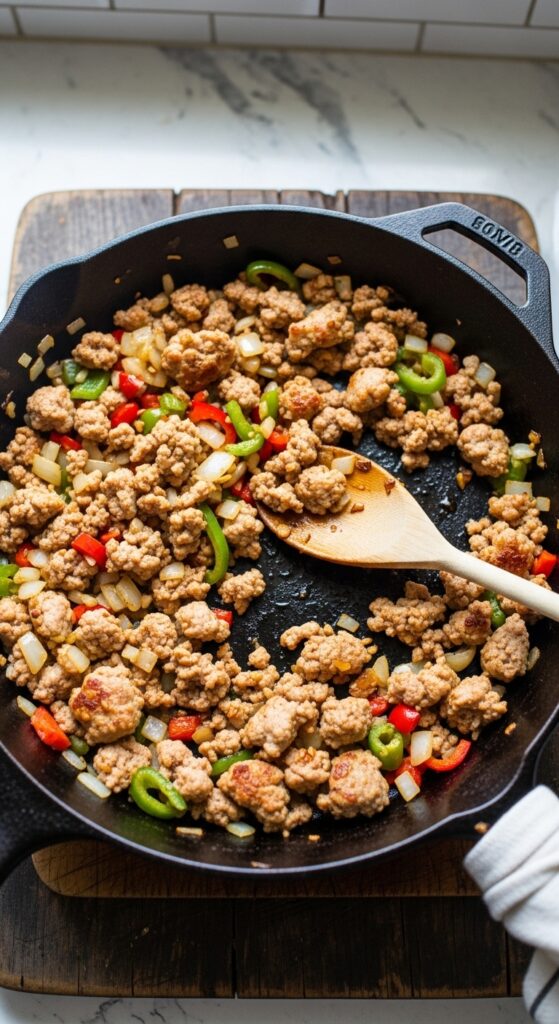 ground turkey cooking in a skillet with sautéed onions, bell peppers, and garlic