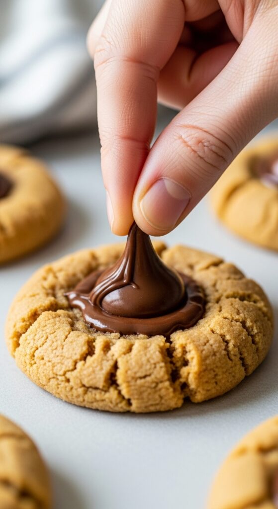 hand pressing a chocolate kiss into a warm, homemade peanut butter cookie