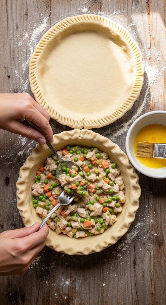 hands spooning creamy turkey filling