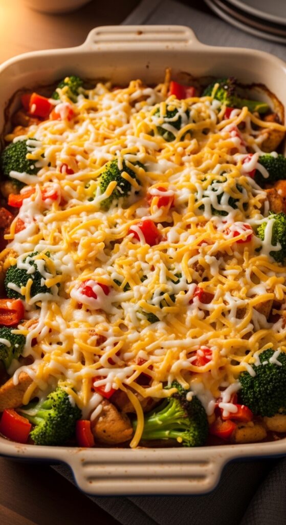 homemade casserole topped with extra cheese