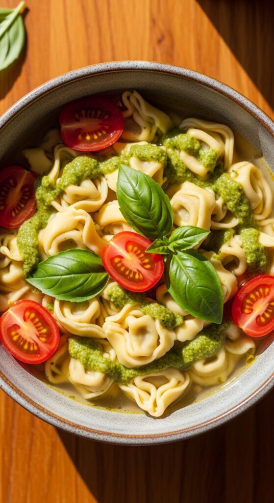 homemade pesto tortellini soup