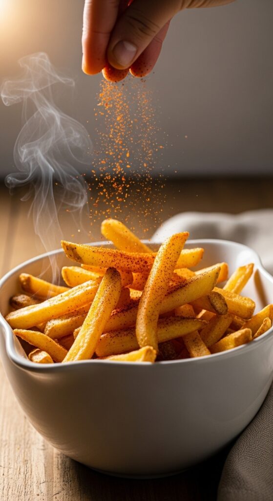 hot fries in a mixing bowl