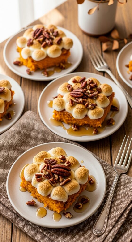individual portions of sweet potato casserole on a plate
