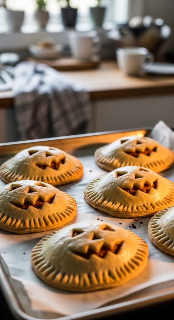 jack o’ lantern hand pies baking