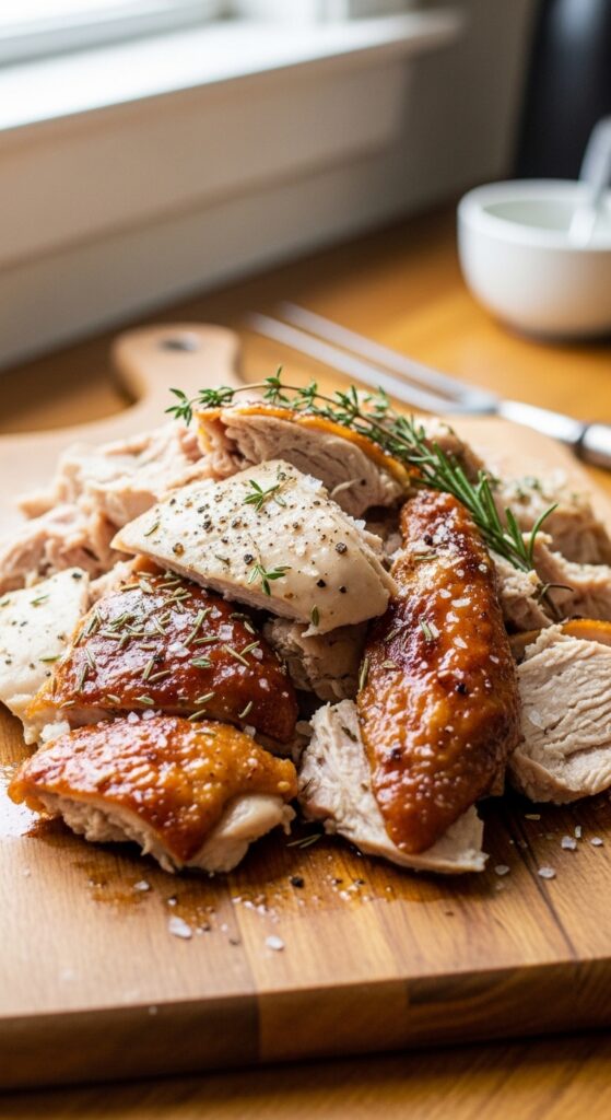  leftover roasted turkey chopped on a wooden cutting board