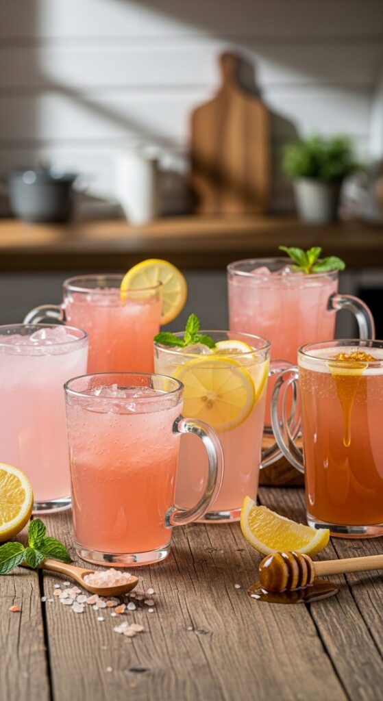 multiple glasses of pink salt drinks