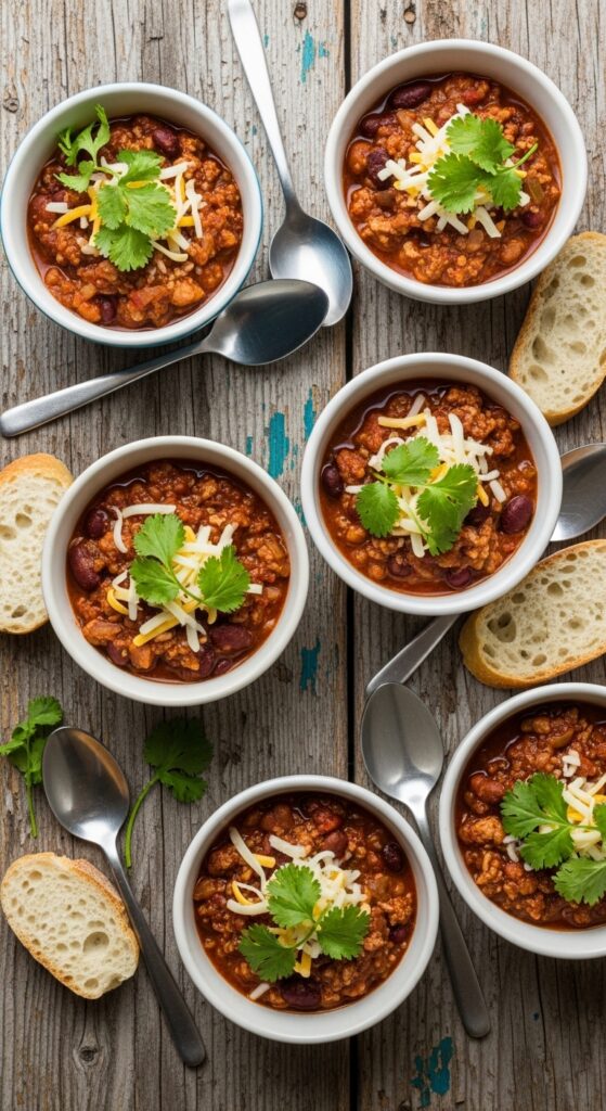  multiple small bowls of turkey chili arranged on a rustic wooden table