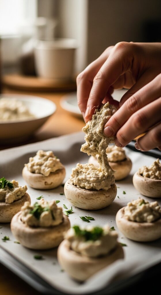 mushrooms being filled by hand