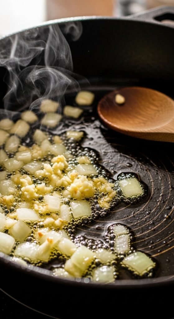 nions and garlic sautéing in olive oil