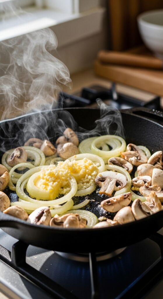 onions, garlic, and mushrooms sizzling in a skillet with butter and olive oil