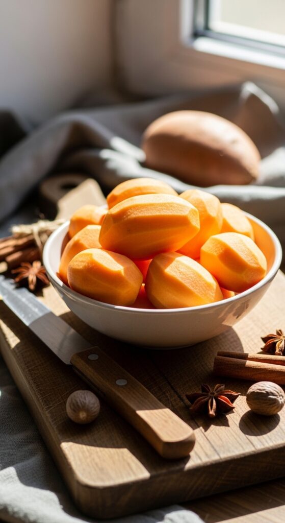 peeled and cubed sweet potatoes in a bowl