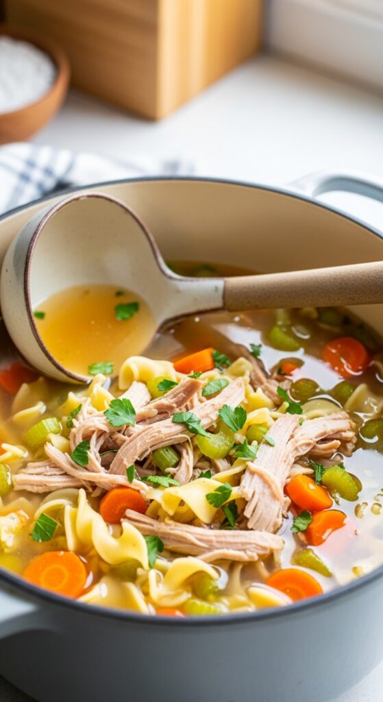 pot filled with turkey soup