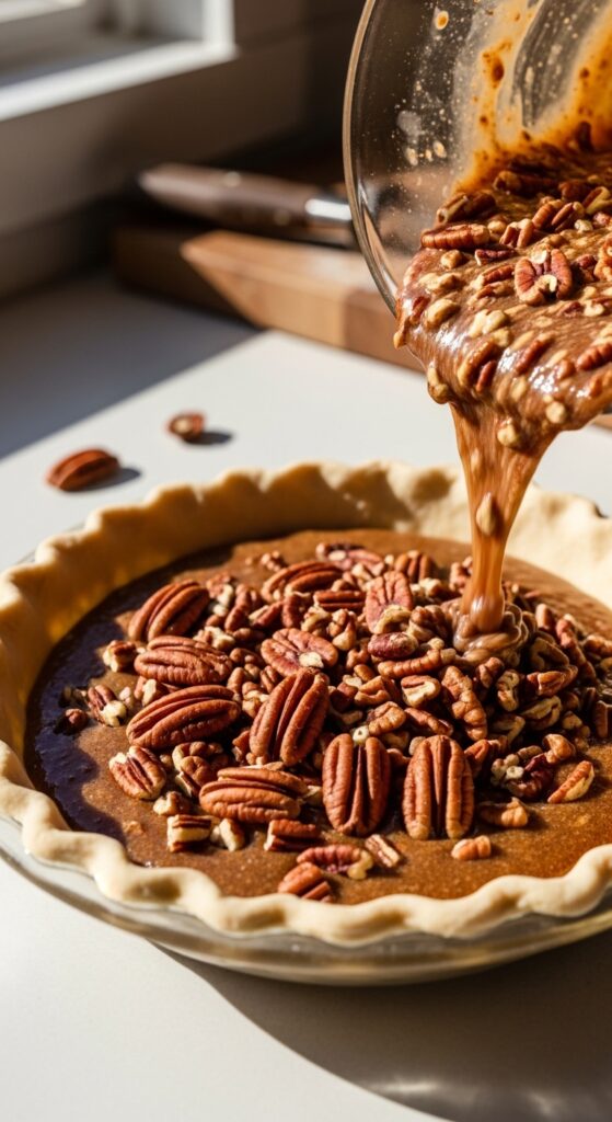 pouring pecan pie filling into the pie crust