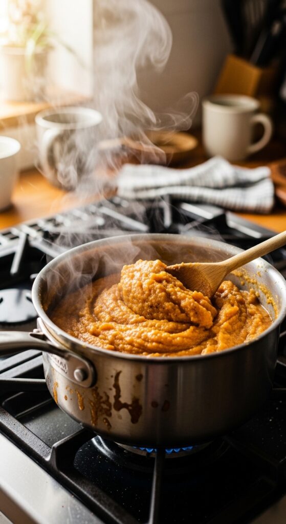 pumpkin filling cooking in a saucepan