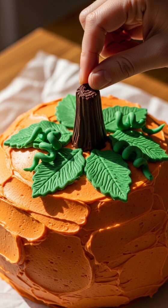 pumpkin-shaped cake mid-decoration